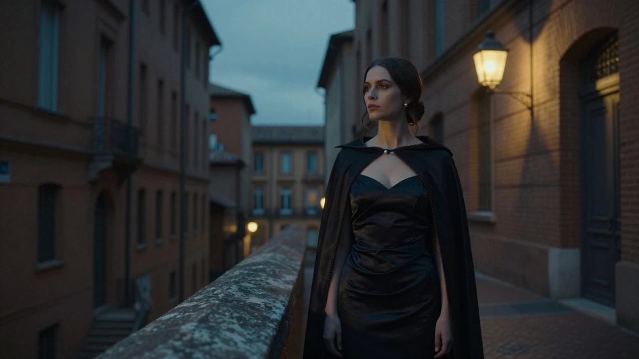 A mysterious woman stands near Toulouse&#039;s Capitole at dusk, her presence hinting at hidden influence in the city&#039;s shadows.