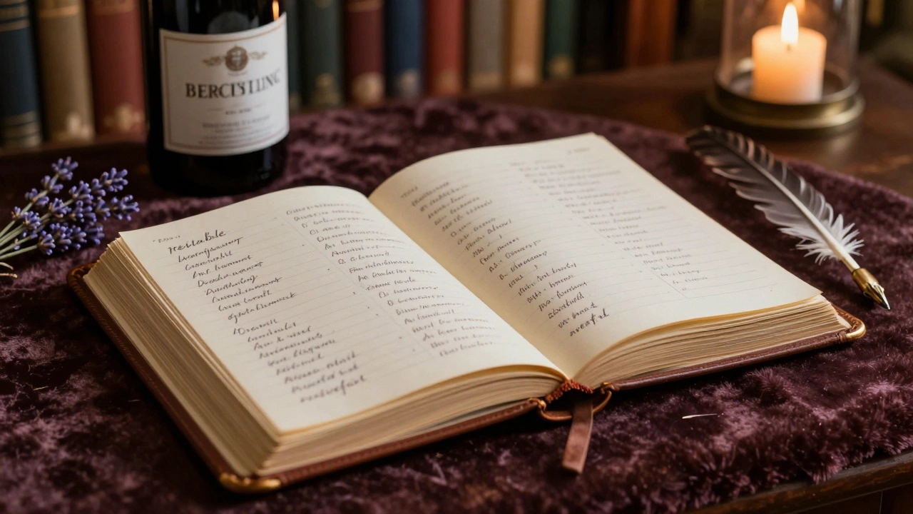 An old journal with handwritten notes on trust and connections lies open on a velvet desk beside a bottle of wine and lavender.